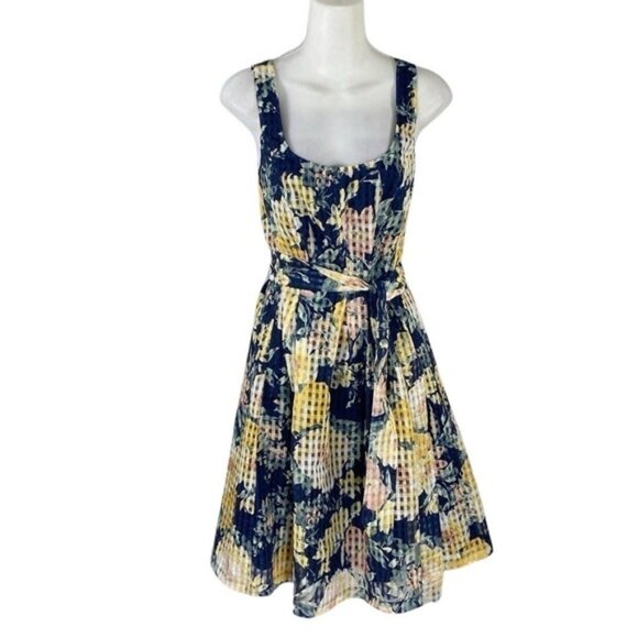NWT Anne Klein navy floral belted check square fit and flare dress 8 UU10 - Picture 4 of 14